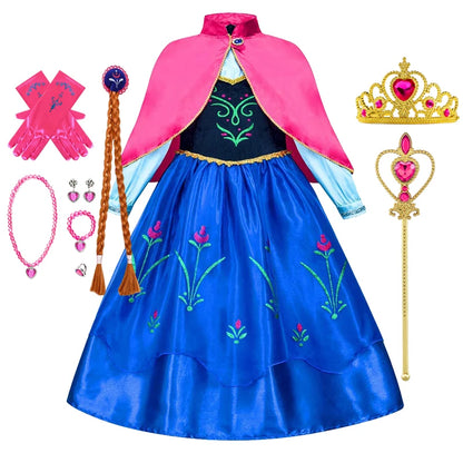 Princess Anna Costume Dress for Girls – Frozen Cosplay with Cape