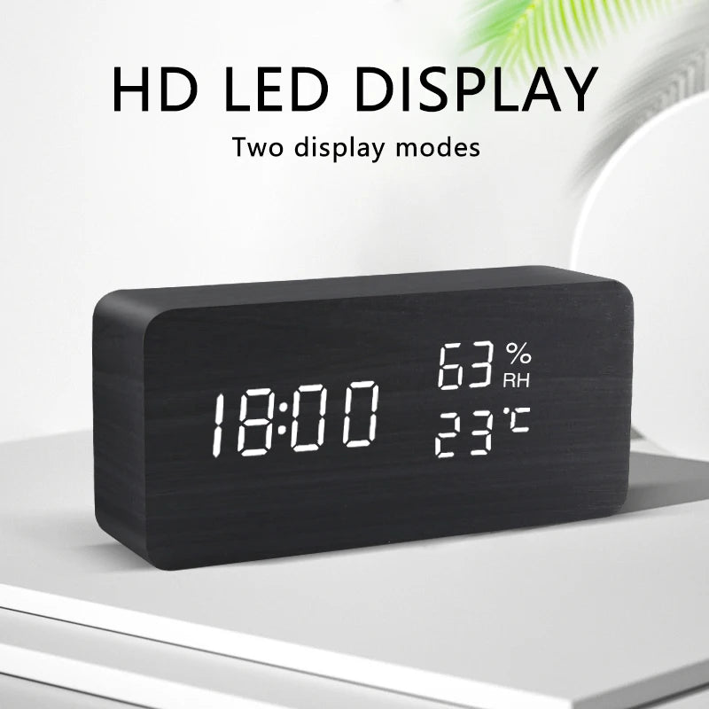 Wooden LED Digital Alarm Clock – Voice Control, Temp & Humidity