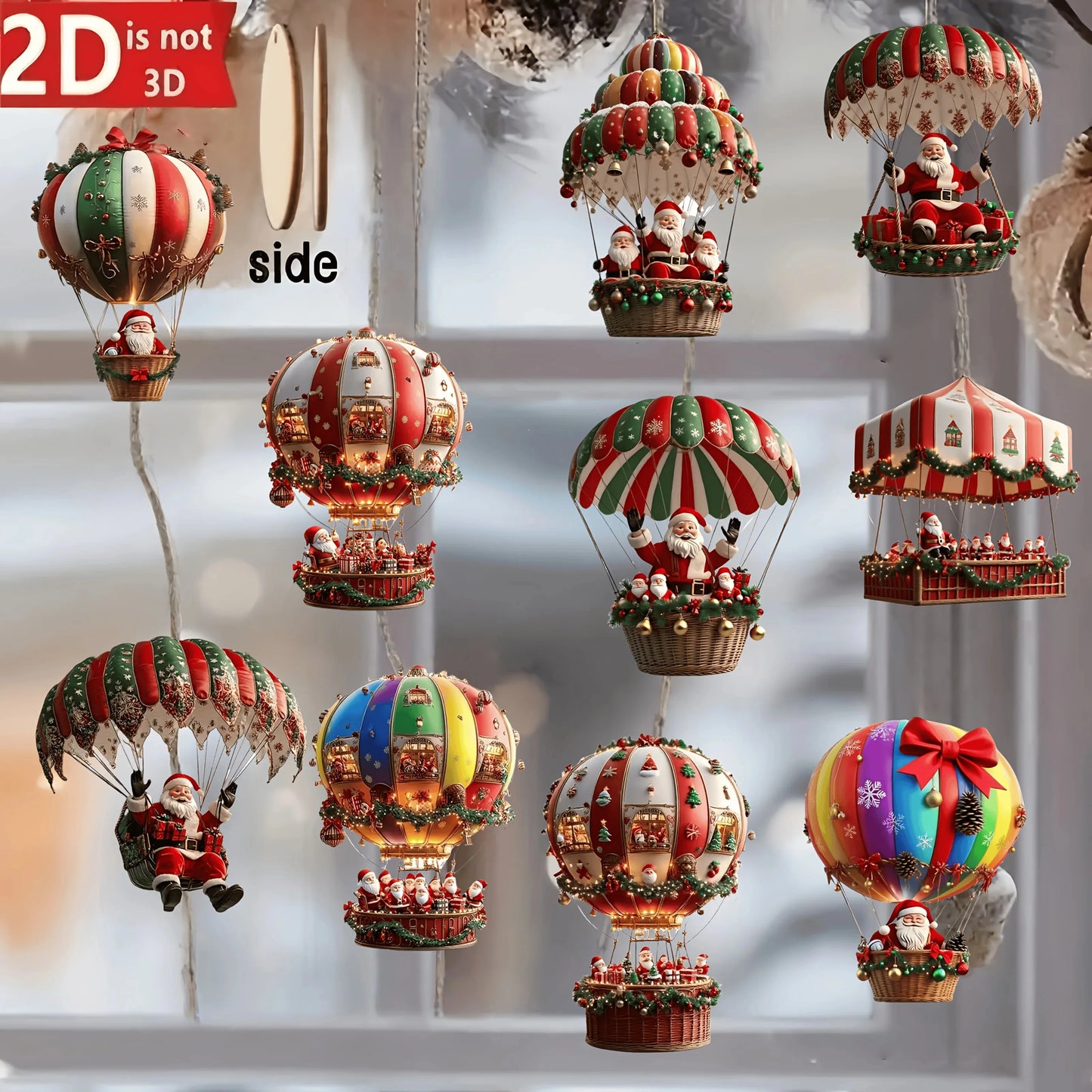 Christmas Santa Hot Air Balloon Acrylic Hanging Ornaments – Set of 10