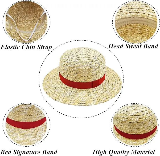 Straw Sun Hat with Red Band & Chin Strap – Unisex Costume Hat
