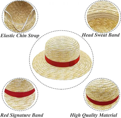Straw Sun Hat with Red Band & Chin Strap – Unisex Costume Hat
