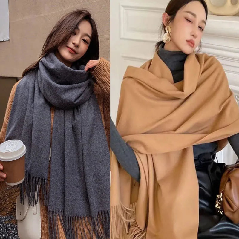 Cashmere-Feel Solid Scarf – Women's Warm Winter Wrap with Fringe