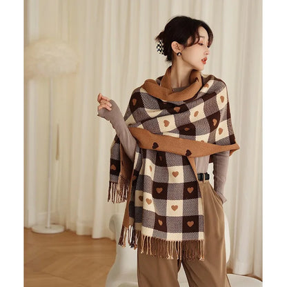 Women's Heart Pattern Plaid Blanket Scarf with Tassels