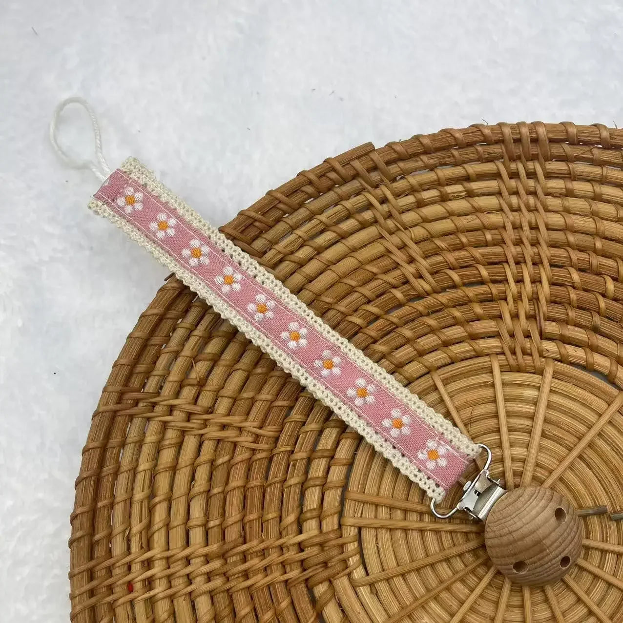 Floral Print Baby Pacifier Clip with Wooden Teether Bead