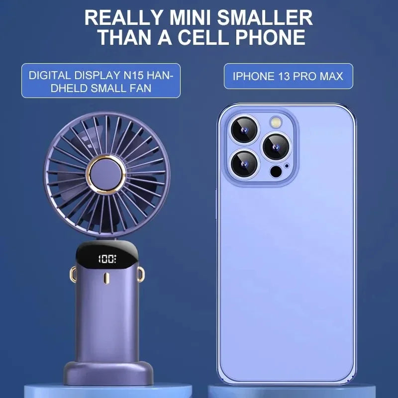 Handheld Mini Fan Foldable 5-Speed USB Rechargeable with Phone Stand & LED Display