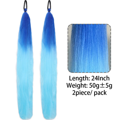 Synthetic Ponytail Hair Extension 2pcs – Long Straight, Colorful, Braiding Hairpiece with Rubber Band