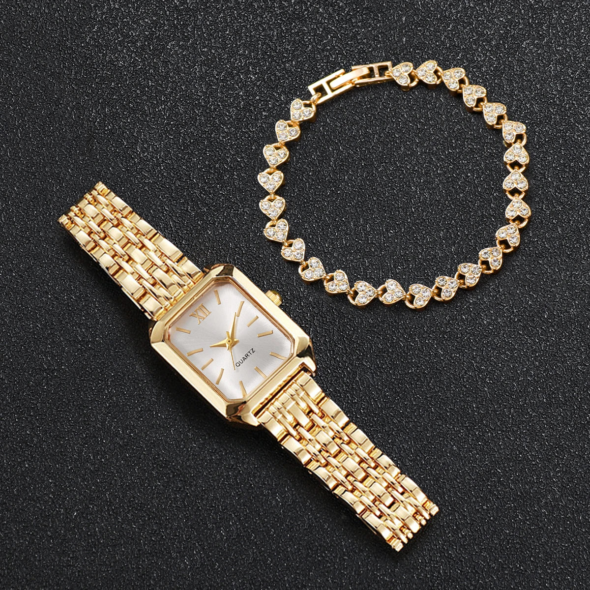 Women's Rectangle Quartz Watch & Rhinestone Bracelet Set