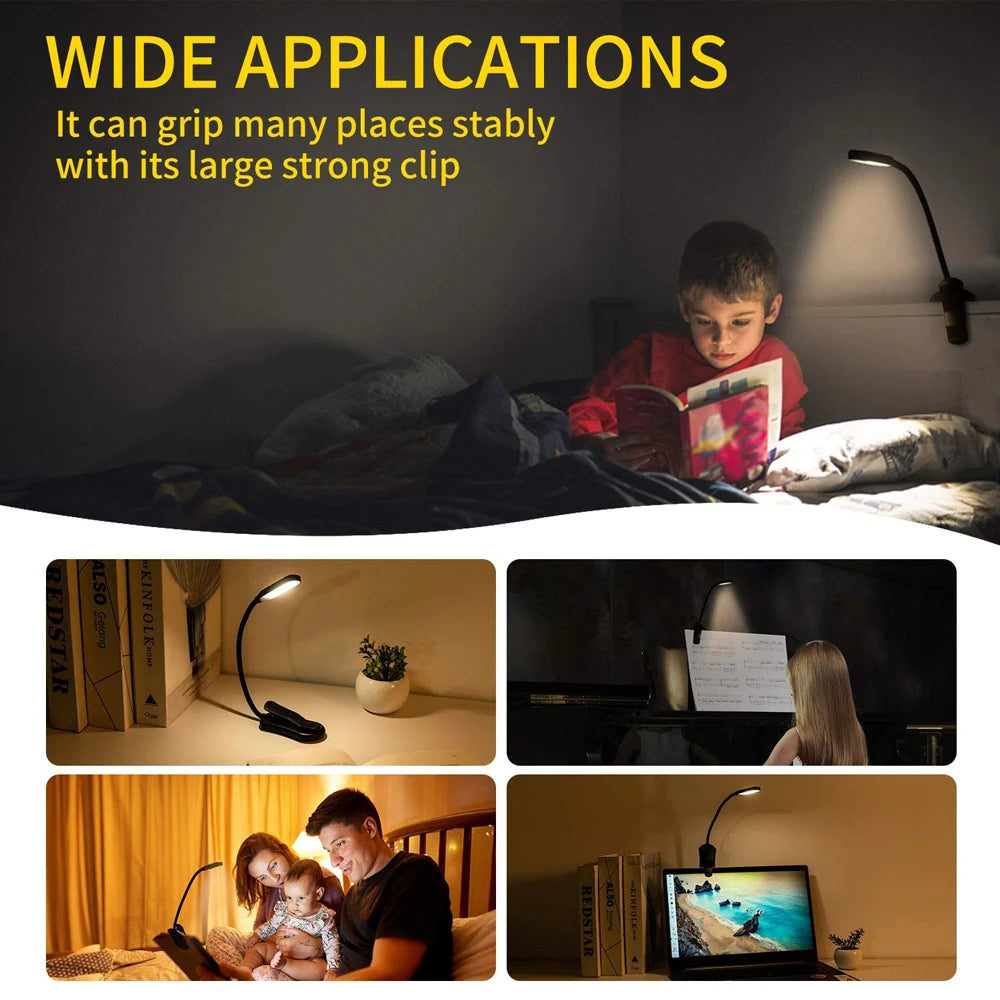 LED Book Light USB Rechargeable Clip-On Reading Lamp 7 LEDs 3 Color Modes