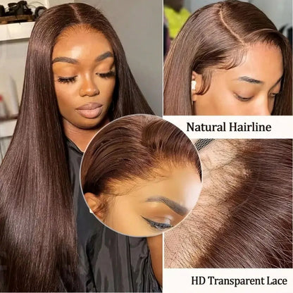 Chocolate Brown 13x4 Lace Front Human Hair Wig – Straight, Pre-Plucked, 16–34 Inch