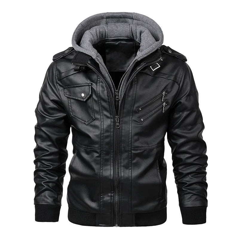 Men's PU Leather Motorcycle Jacket – Hooded Biker Coat with Zip Pockets