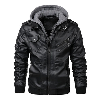 Men's PU Leather Motorcycle Jacket – Hooded Biker Coat with Zip Pockets