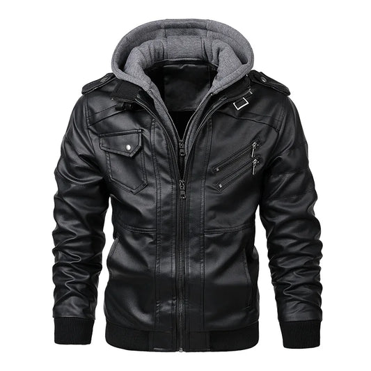 Men's PU Leather Motorcycle Jacket – Hooded Biker Coat with Zip Pockets
