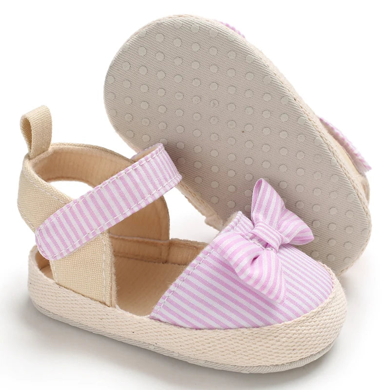 Baby Girl Bow Canvas Sandals – Soft Sole Striped Flats