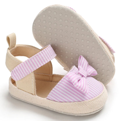 Baby Girl Bow Canvas Sandals – Soft Sole Striped Flats