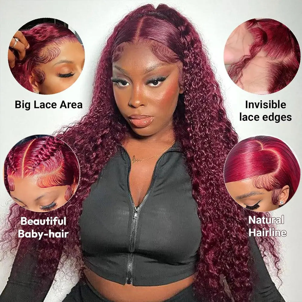 Burgundy 99J Deep Wave Lace Front Wig Human Hair 13x4