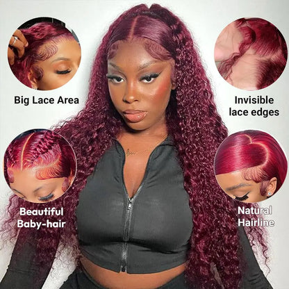 Burgundy 99J Deep Wave Lace Front Wig Human Hair 13x4
