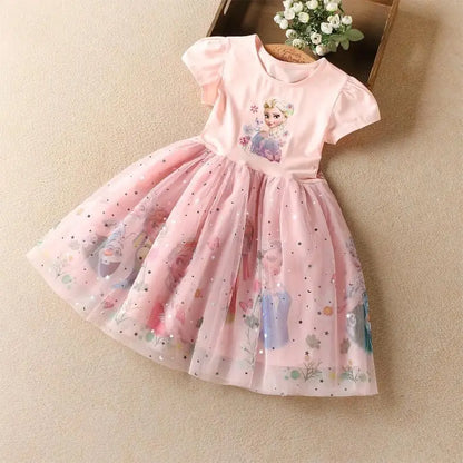 Frozen Elsa Princess Dress for Girls – Short Sleeve Tulle Party Dress