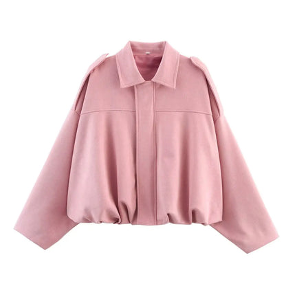 Women's Oversized Suede Bomber Jacket – Long Sleeve Zip-Up Streetwear Coat