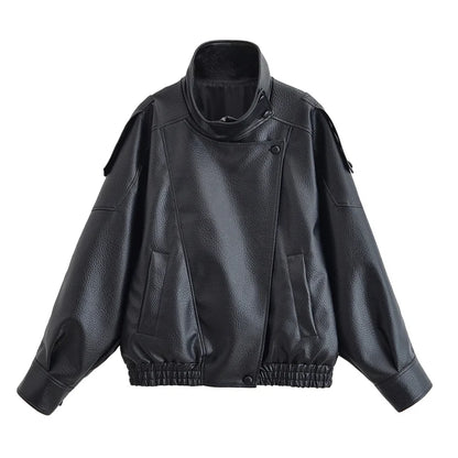 Women's Faux Leather Moto Jacket – Pebble Texture Autumn Coat