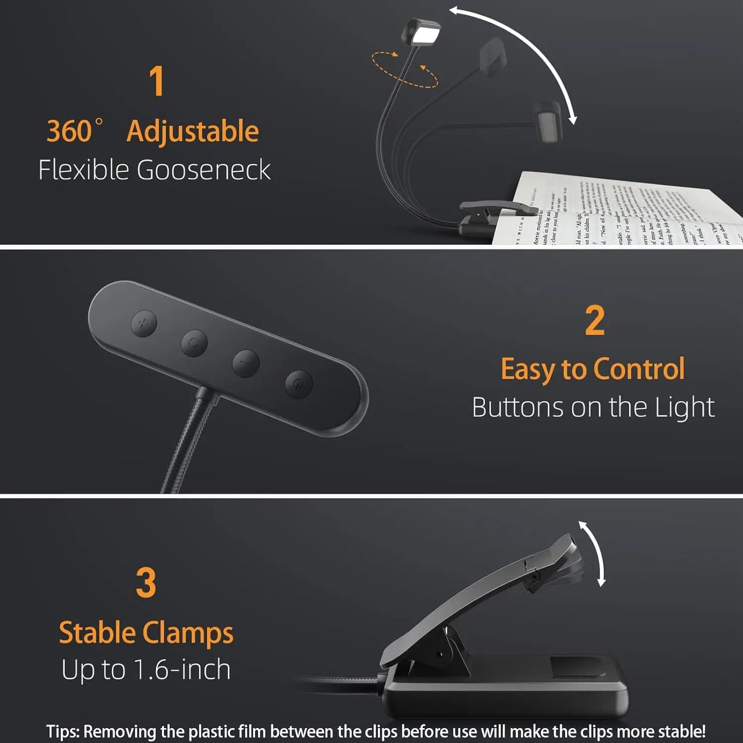 Clip-On Book Light USB Rechargeable – 14 LEDs, 3 Color Modes