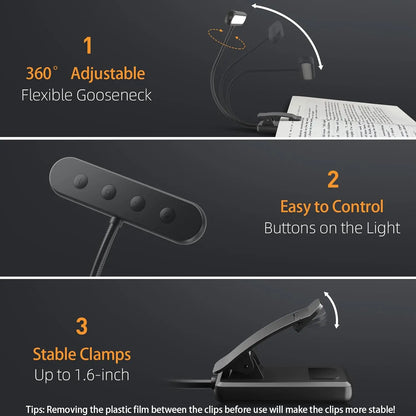 Clip-On Book Light USB Rechargeable – 14 LEDs, 3 Color Modes