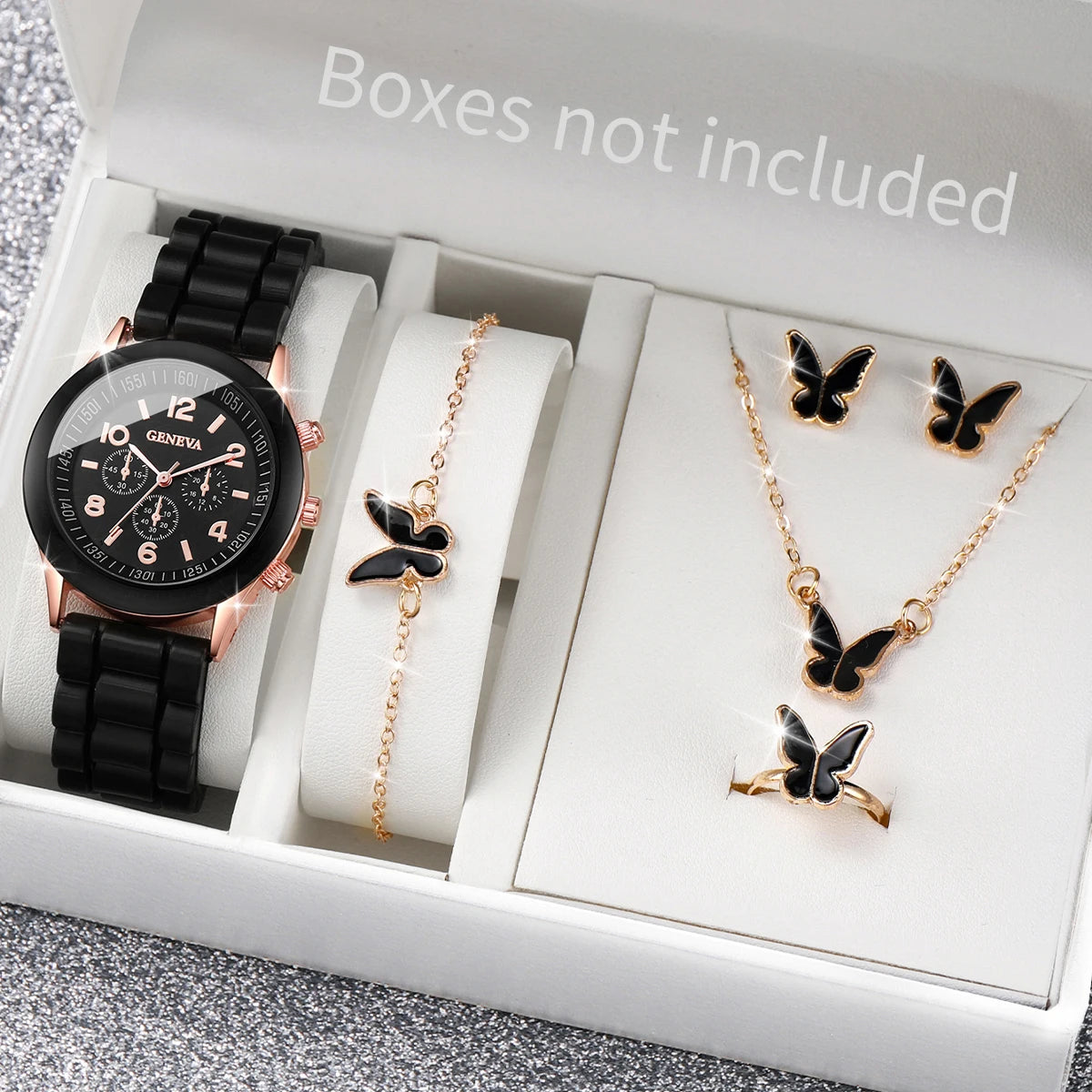 Women's Quartz Watch & Jewelry Set with Silicone Band