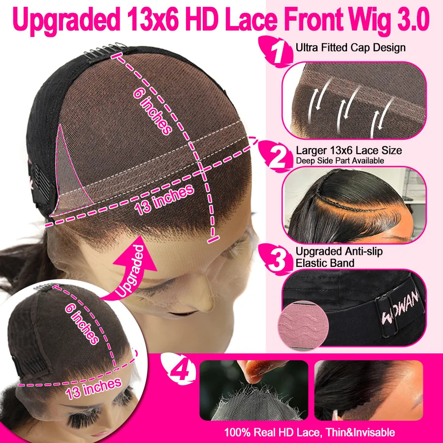 13x6 HD Lace Front Human Hair Wig – Straight, 180%–250% Density, 24–34 Inch