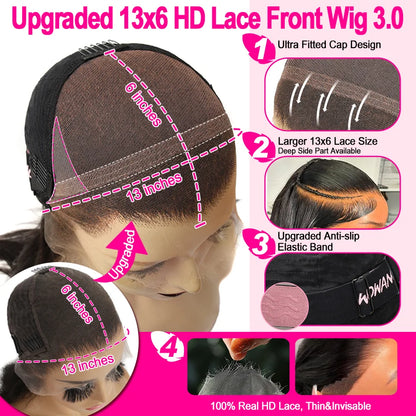 13x6 HD Lace Front Human Hair Wig – Straight, 180%–250% Density, 24–34 Inch