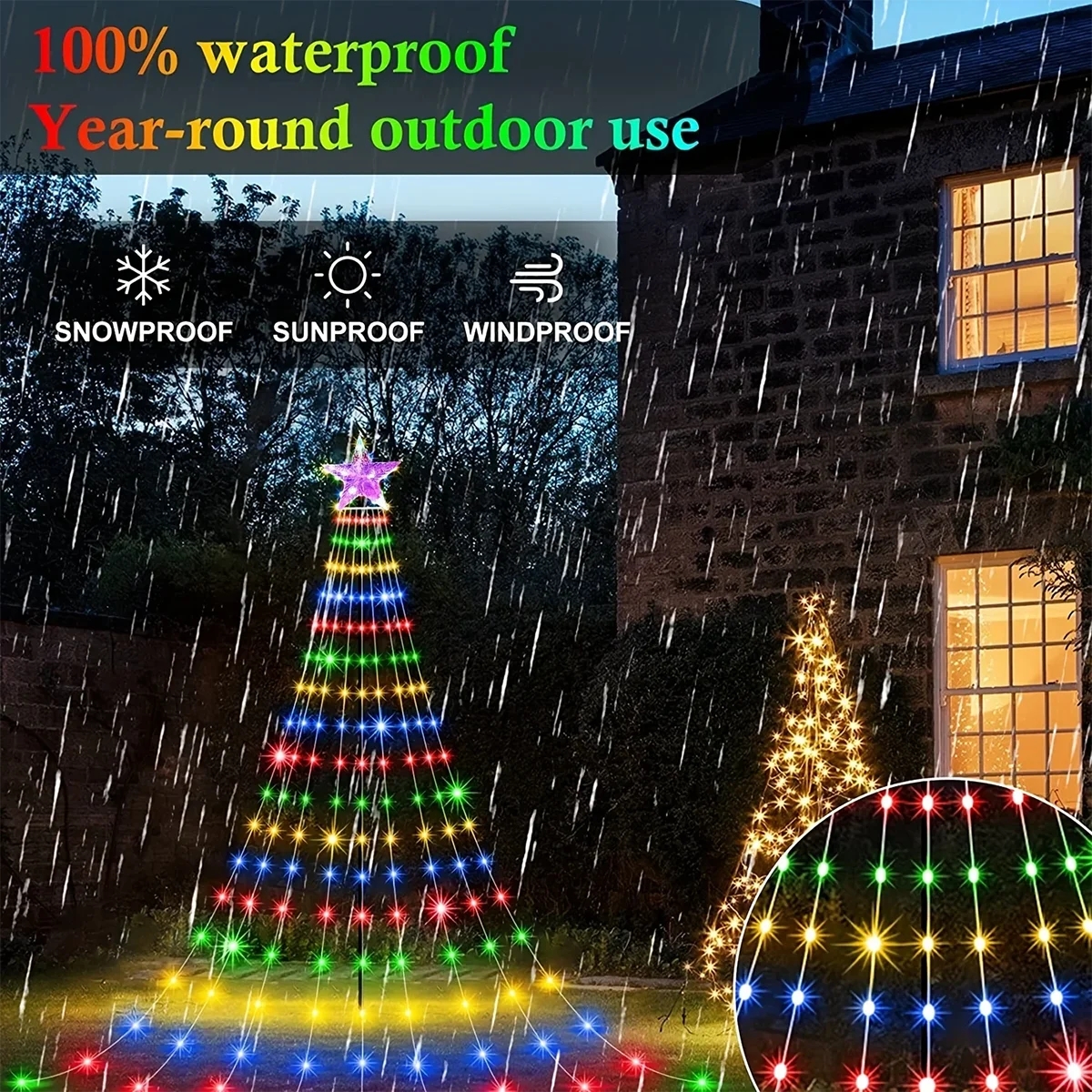 Star Waterfall Christmas Tree String Lights – USB & Solar Powered
