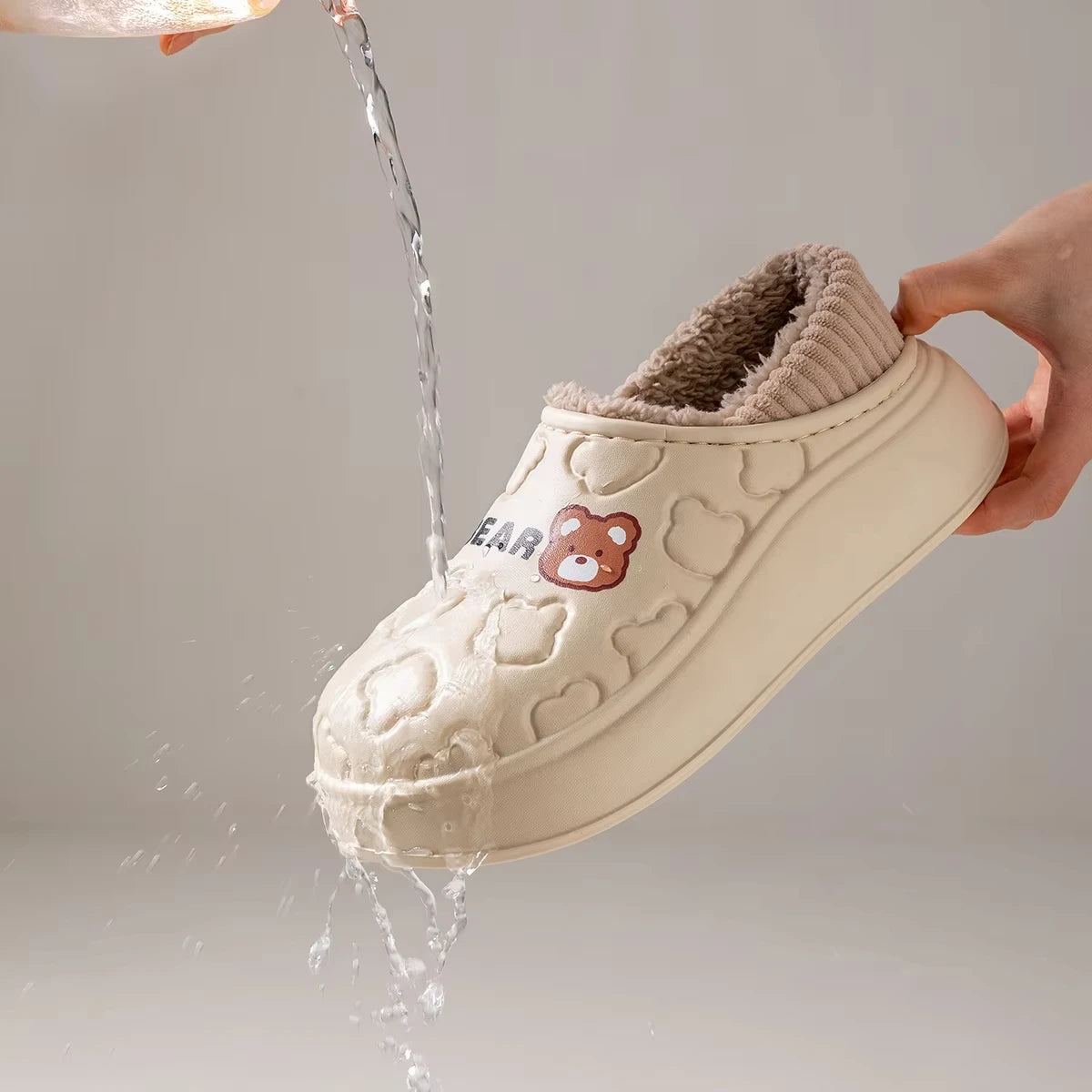 Waterproof Fur-Lined Bear Slippers – Unisex Winter House Shoes