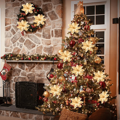 Glitter Artificial Christmas Poinsettia Flowers – 8 or 16 Piece Set