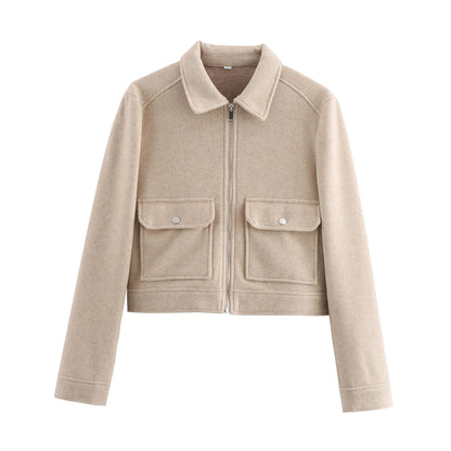 Women's Cropped Zip-Up Jacket – Short Elegant Coat with Snap Pockets