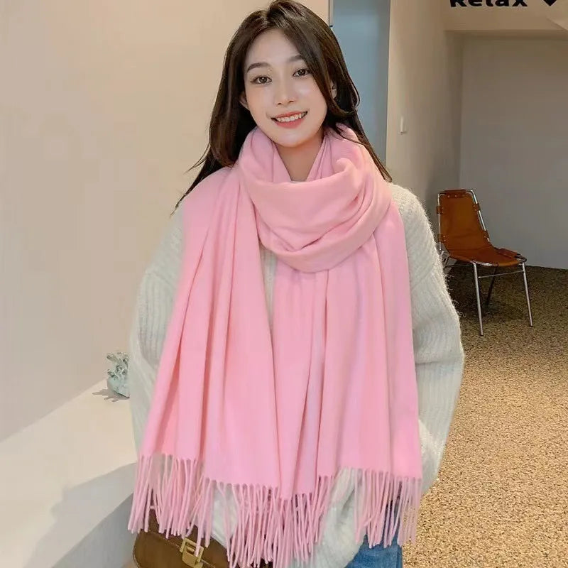 Cashmere-Feel Solid Scarf – Women's Warm Winter Wrap with Fringe