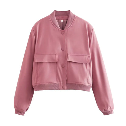 Women's Bomber Jacket with Pockets – Single Breasted Long Sleeve Coat