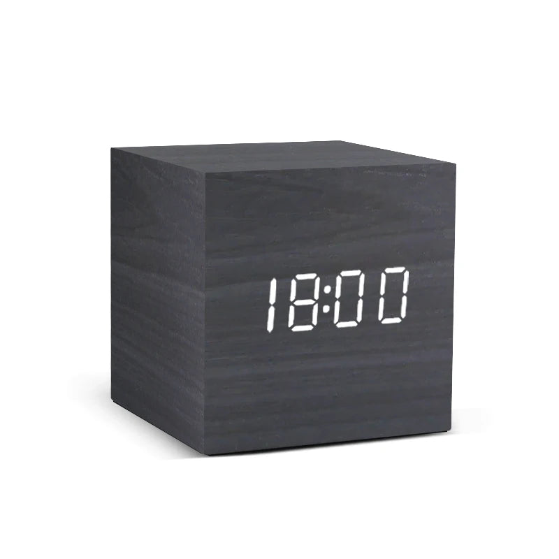 Wooden LED Digital Alarm Clock – Voice Control, Temp & Humidity