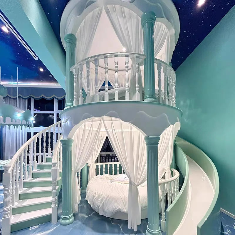 Double Decker Castle Kids Bed with Slide and Safety Rails