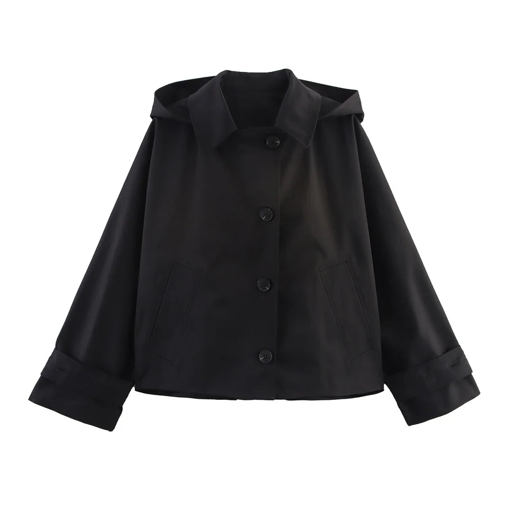 Women's Cropped Hooded Trench Coat – Single-Breasted Lapel Jacket