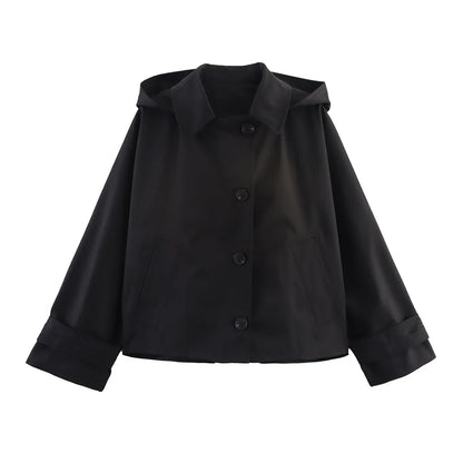 Women's Cropped Hooded Trench Coat – Single-Breasted Lapel Jacket