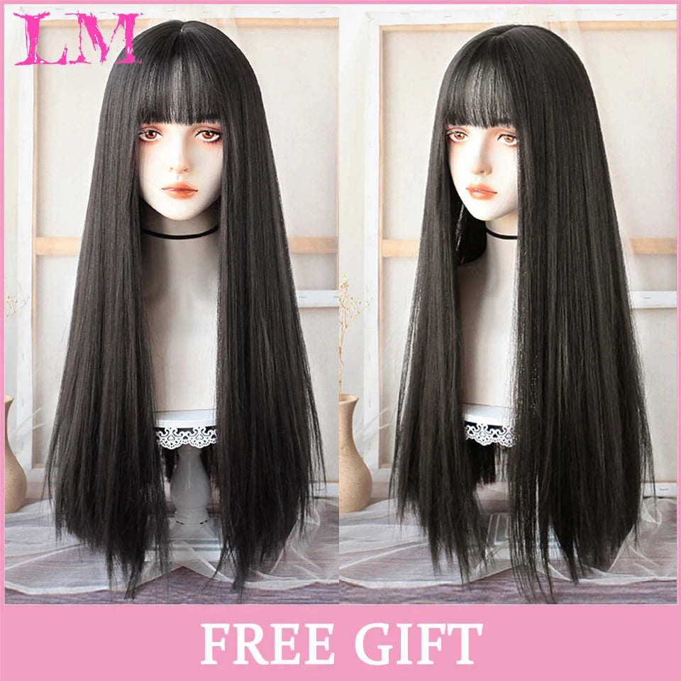 Cosplay Synthetic Wig with Bangs – Long Straight 24 Inch, Heat Resistant