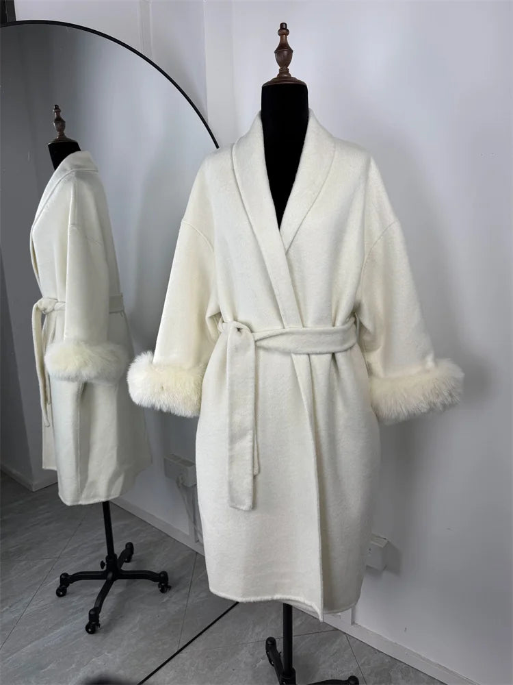 Women's Wool Coat with Fox Fur Cuffs & Belt – Elegant Short Overcoat