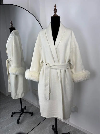 Women's Wool Coat with Fox Fur Cuffs & Belt – Elegant Short Overcoat