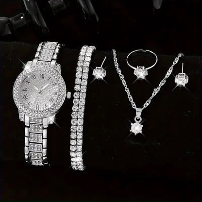 6-Piece Women's Luxury Rhinestone Watch & Jewelry Set