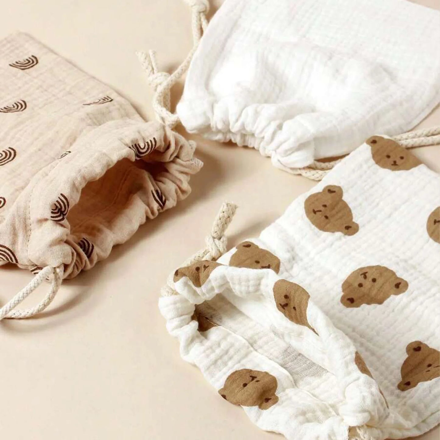 3-Pack Muslin Drawstring Storage Pouches – Baby Stroller Organizer Bags