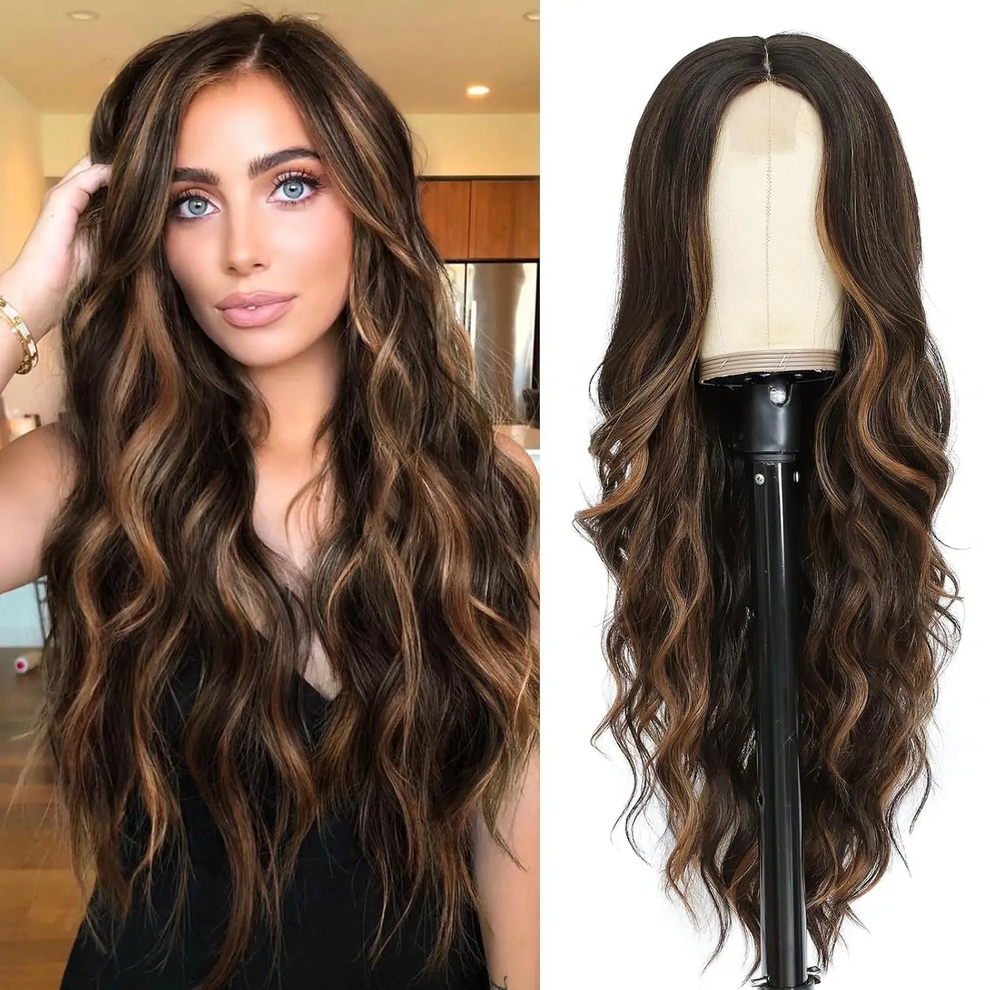 Synthetic Lace Wig 26 Inch – Long Wavy Curly Middle Part Heat Resistant