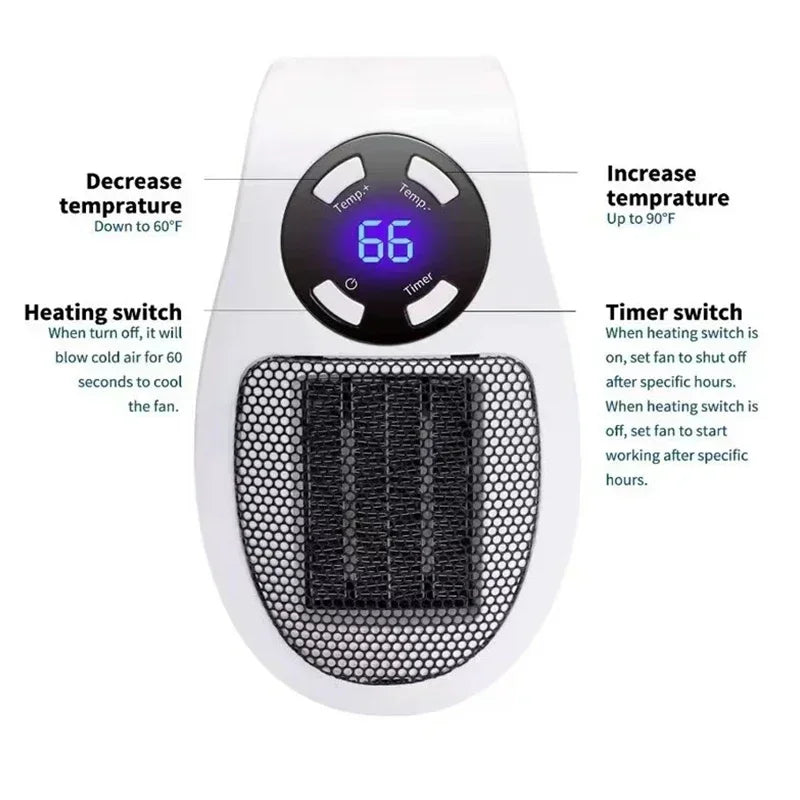 Portable Electric Space Heater with Remote – Wall Plug-In Mini Warm Air Blower