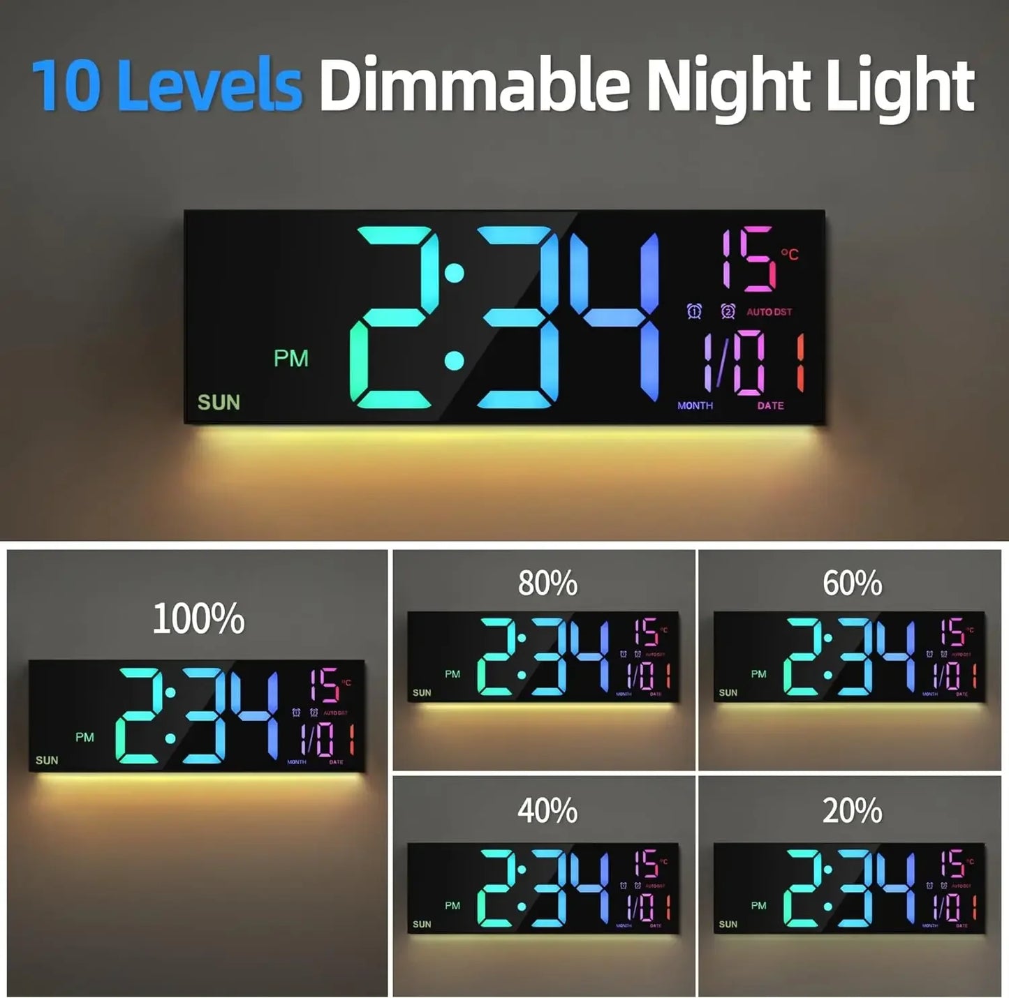 Large Digital LED Wall Clock with Remote Control, Date & Temperature