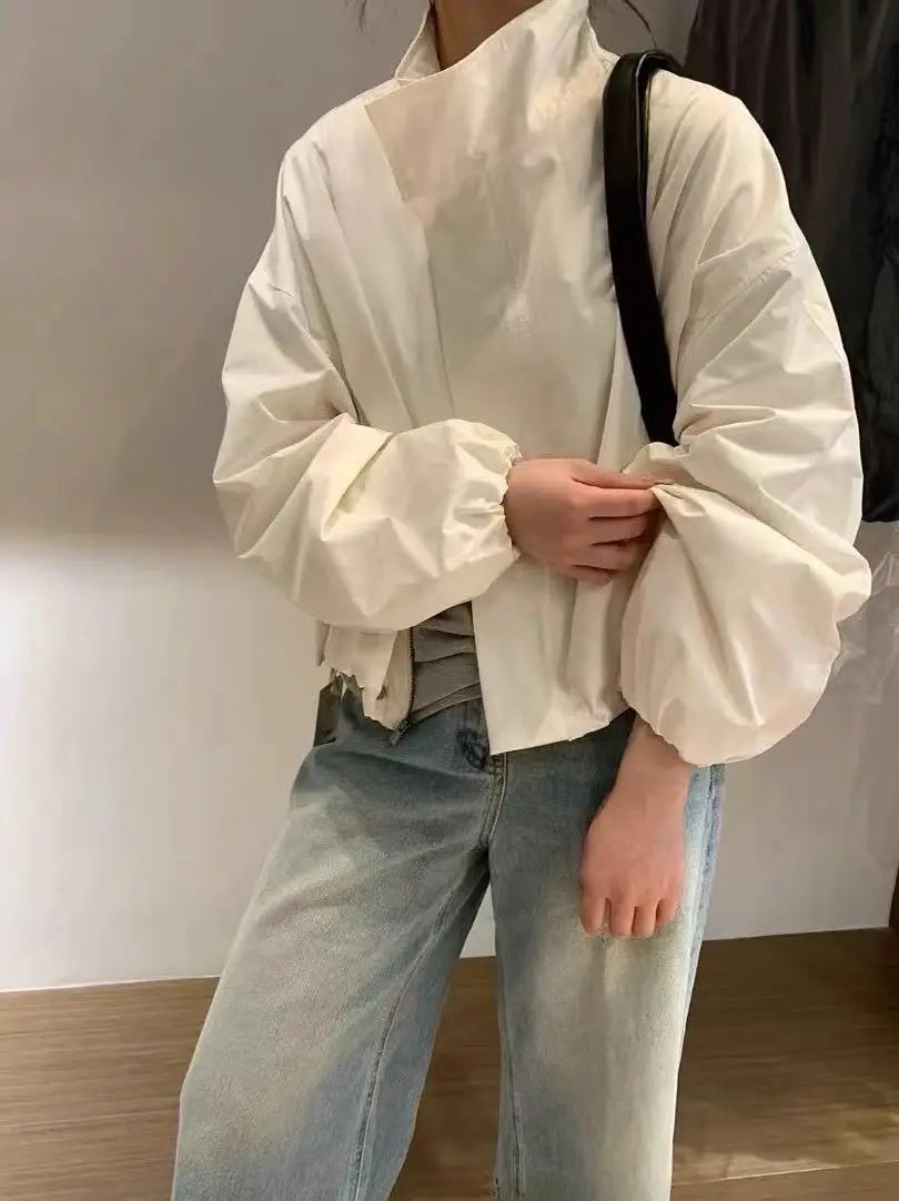 Women's Loose Windbreaker Jacket – Stand Collar Drawstring Short Coat