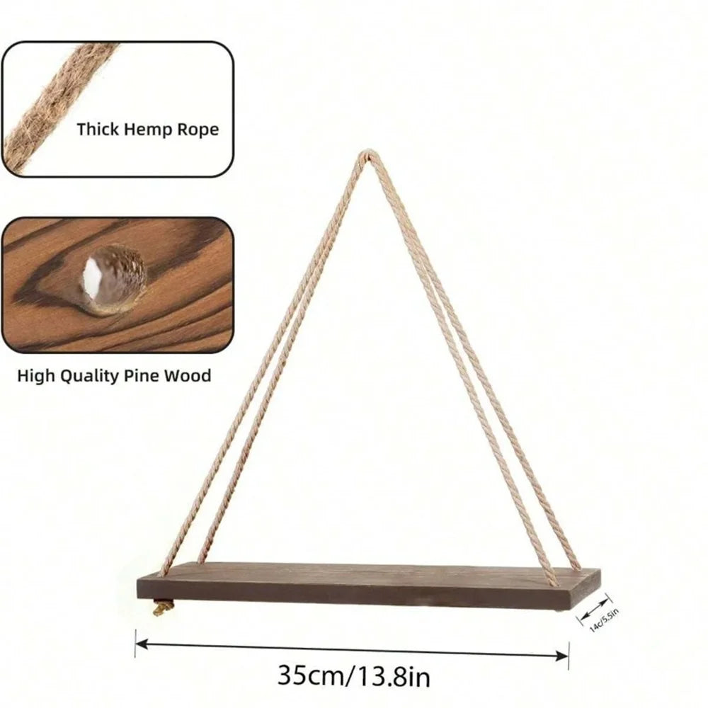 Wood Hanging Rope Swing Shelf – Wall Mounted Floating Shelf