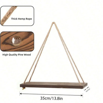 Wood Hanging Rope Swing Shelf – Wall Mounted Floating Shelf