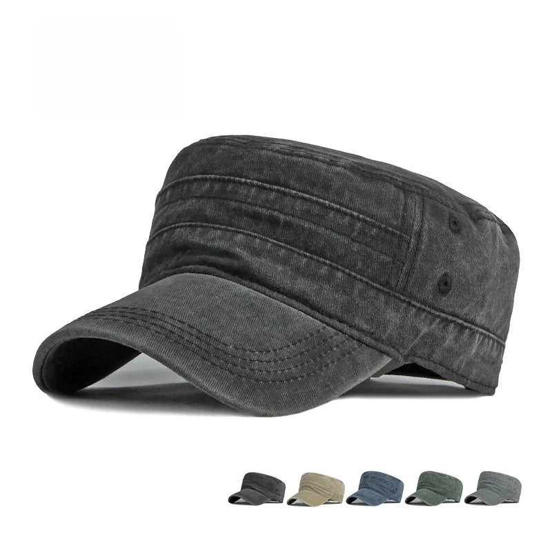 Military Flat Top Cap – Washed Cotton Army Hat for Men & Women